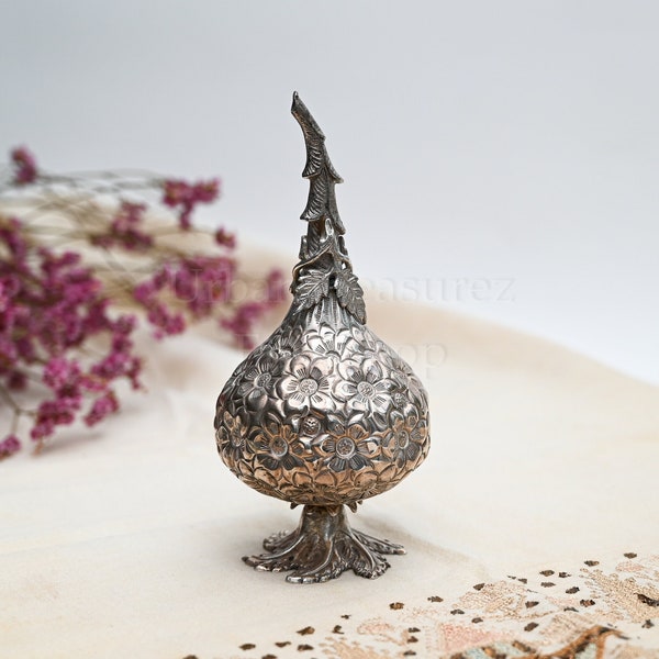 Rosewater Silver Bottle - .900 Solid Silver Container for Water / Perfume Bottle - Handwrought Silver - Hand Hammered Silver Floral Pattern