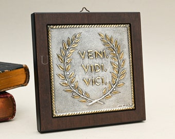 Veni Vidi Vici Art Decor Wreath Plaque for Office / Home or Award - STERLING SILVER & 24k GOLD - Natural Wood Back - Stoic Mastery Gift
