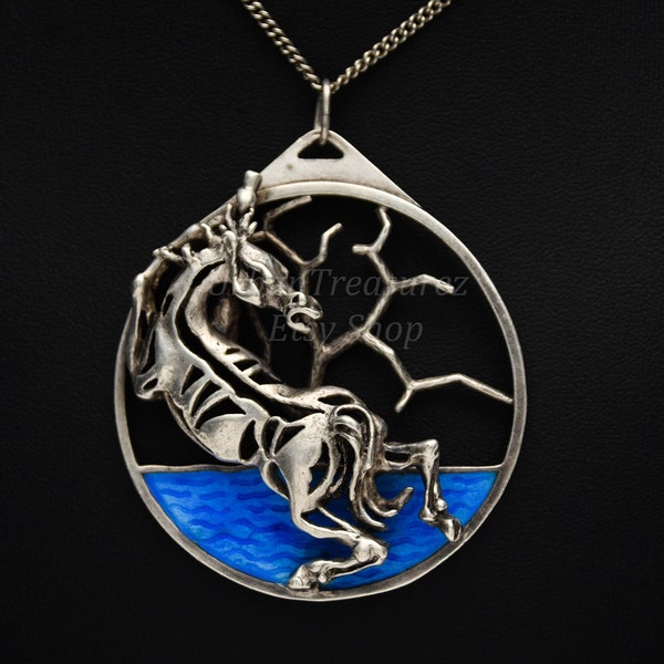 Flaming Horse Pendant • Sterling Silver & Blue Electric Enamel Necklace for Jewelry Lover or Horse Riding Gifting • UNO A ERRE Italian 90s