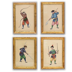 Dipinto a guazzo su carta di riso - Guerriero cinese del XIX secolo - Arti marziali - Arte murale con cornice - Disegno di spade e armi asiatiche