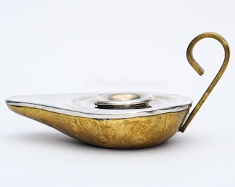 Candelabro de bronce plateado con asa, escultura de lámpara de aceite griega antigua, plata de ley 925 y latón, regalo vintage en miniatura.