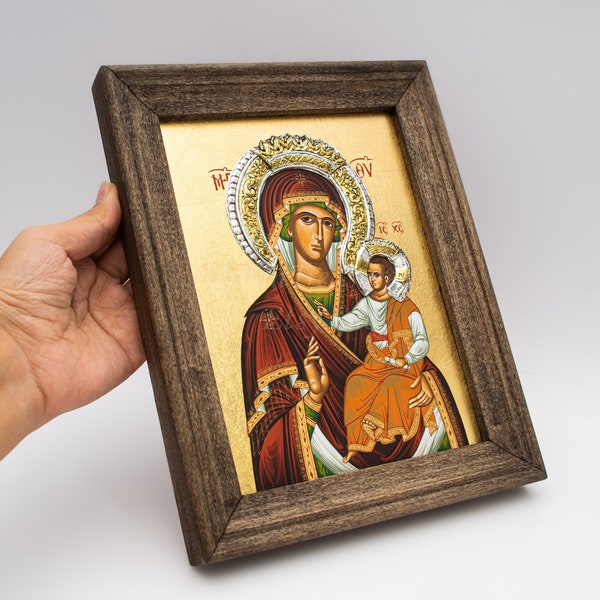 Orthodox Icon Mother of God ◁ Sterling SILVER & GOLD, Religious Holy Art Home Gift · THEOTOKOS, Panagia Greek Wall / Shelf Altar Pray Gift