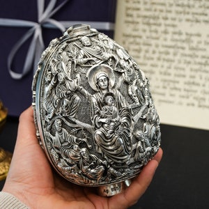 Tree Of Life Christian Art Statue of Jesus & Virgin Mary • 995 Silver Egg Faberge Statue • Religious Christian Gift for Church / Easter Egg