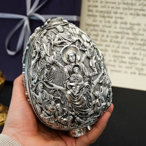 Tree Of Life Christian Art Statue of Jesus & Virgin Mary • 995 Silver Egg Faberge Statue • Religious Christian Gift for Church / Easter Egg