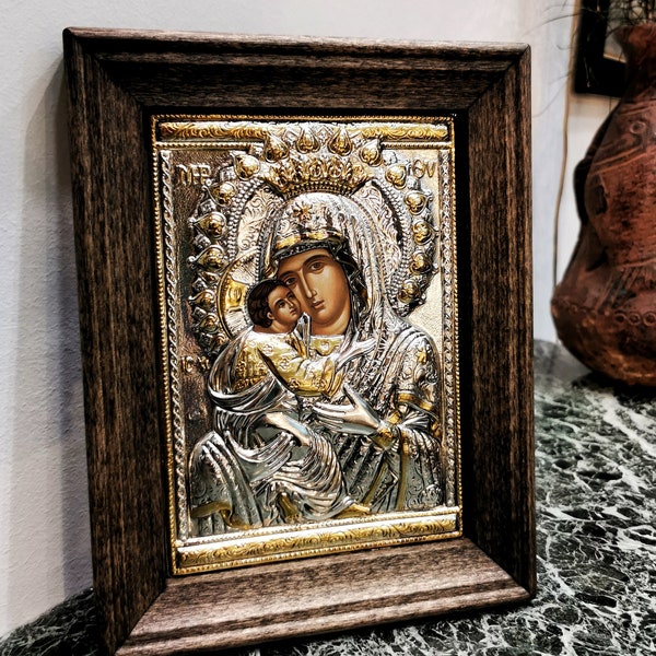 Orthodox Virgin Mary Icon • Religious Gift Icon Wall Art Christian Home Gift • Greek Silver Icon & Gold Wood Frame • Theotokos Byzantine Art