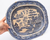 Antique Transferware BLUE WILLOW Large Ironstone Platter Wall Hang Plate Mounting Japan Pagoda Asian Architecture Vintage Home Decor