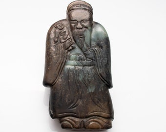 Archaic Chinese Soapstone Sculpture · Heavy Agate Jade Plaque Old Man Holding Child · Wise Man Sage Immortal · Ancient China Figurine Priest
