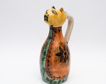 Cat Shape Pottery Jug / Pitcher • Greek Lesvos Island • Vintage Ceramic Vase Decor • Hand Painted Figural Wine / Water Pitcher Kitty Pet