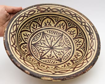 Antique Ceramic Bowl • Italian / Moroccan - Islamic Pattern Geometric Painted Ceramic Deep Dish • Medieval Primitive Brown Centerpiece Plate