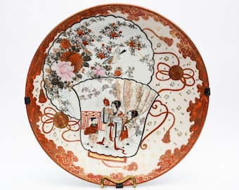 Porcelain Plate Tea Lover Gift • Geisha Tea Time Ritual - Wall Hang Plate - Antique 1900s Kutani Japan Hand Painted Large Round Panel Decor