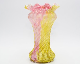Art Glass Candy Swirl Vase with playful Character made by Legras in the early 1900s •  Pink & Yellow Hand Blown Flower Vase gift for her