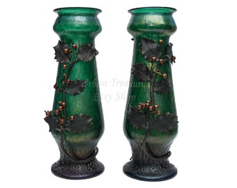 Kralik Art Glass Vase Antique 1900s &quot;Diaspora&quot; Holly Mount, Forrest Green Iridescent Glass, Tall Bud Vase Centerpiece, Art Nouveau