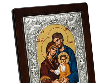 Religious Gift Holy Family Blessing Silver Altar Icon, Virgin Mary & Jesus Wall Plaque, Saint Joseph, Orthodox Wooden Shelf Home Art Decor