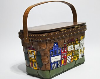 70s Caro Nan Slat Basket Purse • Iconic Vintage Cityscape Hand