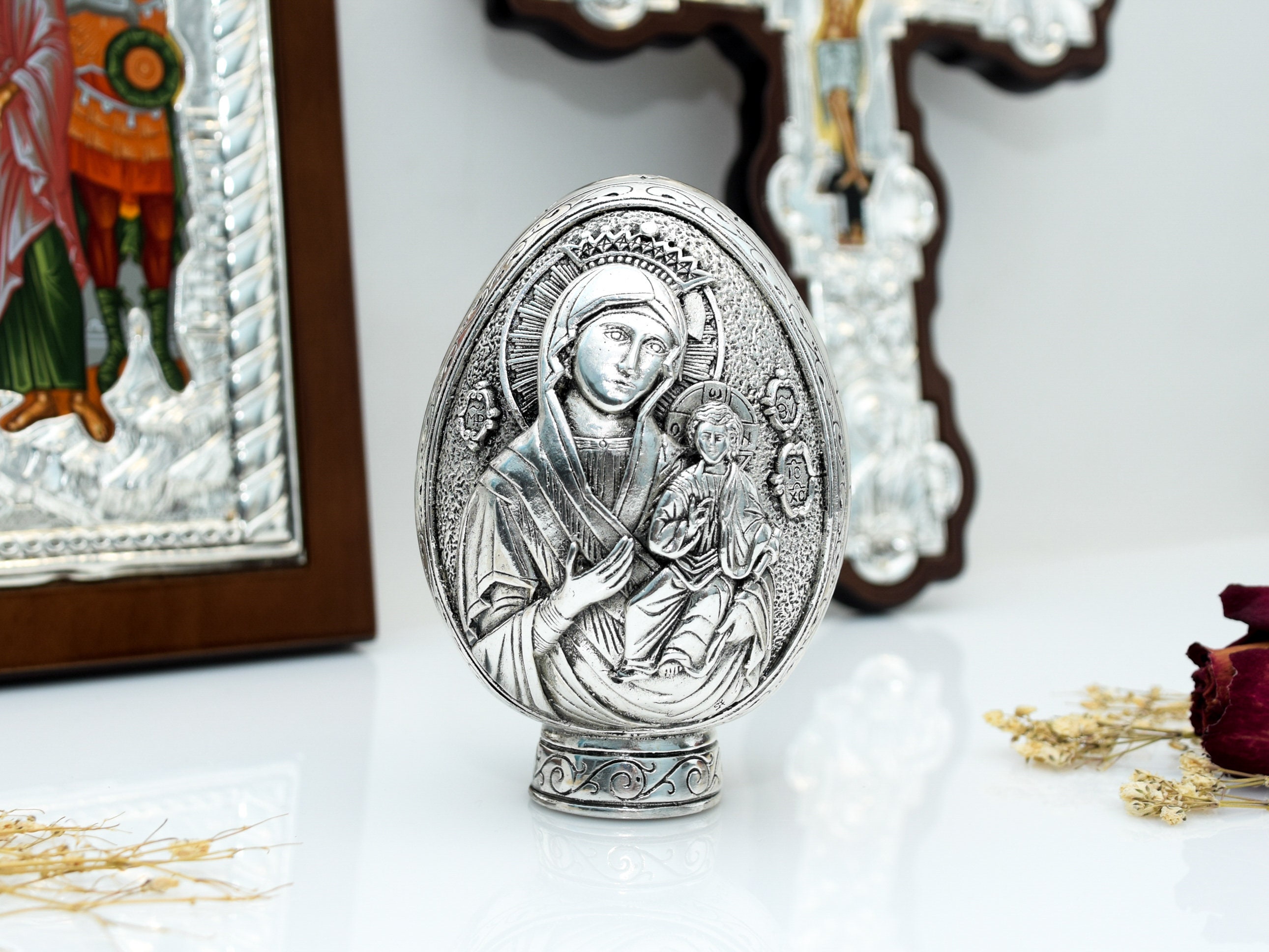 Orthodox Russian Christian Faberge Style Egg Silver Icon Home Altar Orthodox Russian Christian Faberge Style Egg Silver Icon Home Altar