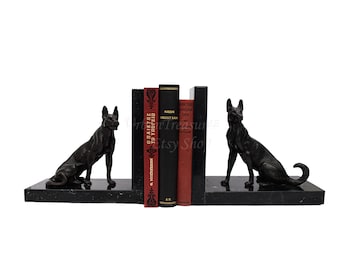 Art Deco Bookends - Bronze Dog Sculpture & Marble Base - German Shepherd Dog Statue Bookends by Louis-Albert Carvin • Antique 1930s Decor