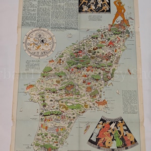 May include: A vintage-style illustrated map of the Greek island of Rhodes, featuring detailed topographical drawings, historical scenes, and Greek text. The map includes a large depiction of the Colossus of Rhodes and decorative borders with classical motifs.