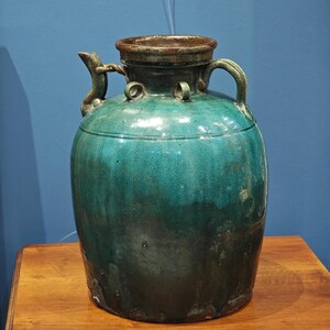 Antique 19th c Chinese Martaban Large Ceramic Jar, Turquoise Green Crackle Glazed Stoneware Pottery, Oriental Art Collection, Historical