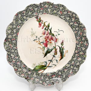 Könnte beinhalten: Ein dekorativer Teller mit floralem Design. Die Mitte des Tellers ist cremefarben mit einer rosa-grünen Blumenillustration. Der Rand hat einen schwarzen Hintergrund mit einem kleinen Blumenmuster. Der Text "Urban Treasure Etsy" ist sichtbar.