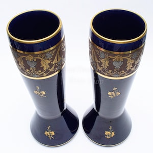 Antique Vase Set French Porcelain Bud Tower Vases, JAGET & PINON, 1930s Eclectic Parisian Home Gift, Blue Cobalt Gold Gilt