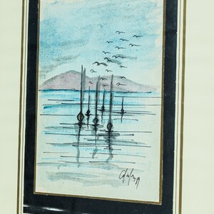 May include: A watercolor painting of a seascape with a row of small boats in the water. The sky is blue with a flock of birds flying overhead. The water is a light blue with a hint of green. The boats are black and have a simple design. The painting is signed "Calderon" in the lower right corner.