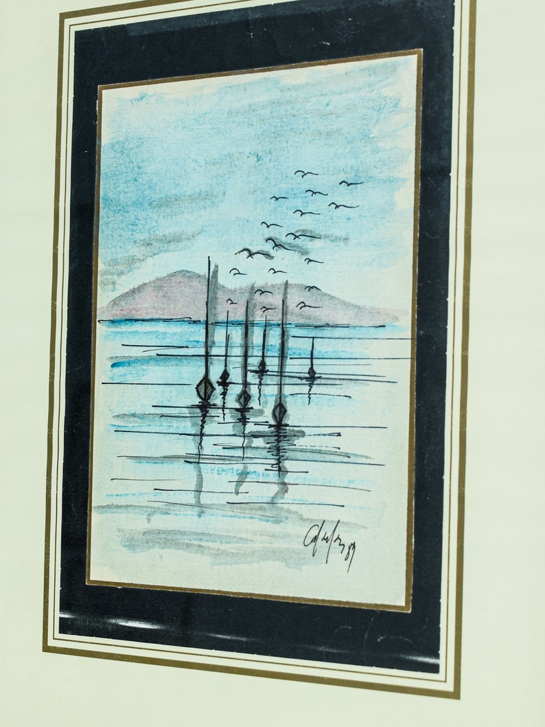 May include: A watercolor painting of a seascape with a row of small boats in the water. The sky is blue with a flock of birds flying overhead. The water is a light blue with a hint of green. The boats are black and have a simple design. The painting is signed "Calderon" in the lower right corner.