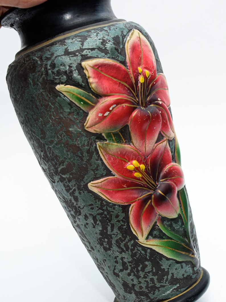Antique Greek Black Vase Flower Oil Painted Kourtzis Agiasos Etsy