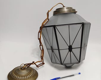 Art Deco Light Glass Globe Ceiling Pendant, Frosted Glass & Black Geometric Lines, Antique 1930s Hexagon Secession Style Chandelier