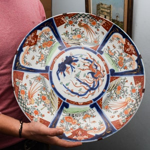 18" Asian Wall Decor Porcelain Plate • IMARI Early 20th C. Oriental Art Interior Design • Hand Painted Ceramic from Japan Antique Charger image 1
