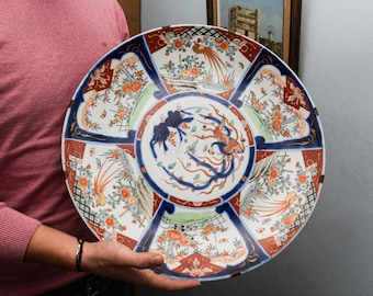 18&quot; Asian Wall Decor Porcelain Plate • IMARI Early 20th C. Oriental Art Interior Design • Hand Painted Ceramic from Japan Antique Charger