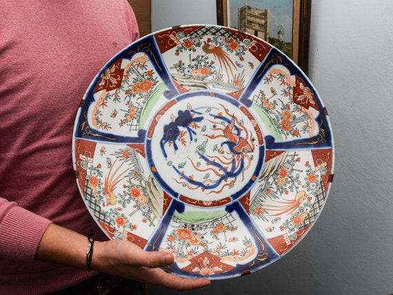 18" Asian Wall Decor Porcelain Plate • IMARI Early 20th C. Oriental Art Interior Design • Hand Painted Ceramic from Japan Antique Charger