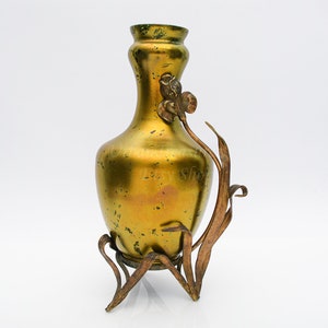 Art Nouveau Green Glass Vase · Bronze Mounted Flower Leaves Base · Antique Bohemian Art Glass · Iridescent  & Gold Sculptural Nature Decor