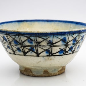 Islamic Persian Pottery 18th c. Bowl Frit Ceramic Pottery Stonepaste Geometric Design Fritware Rare Minimal Blue Cross & Square Painted image 1