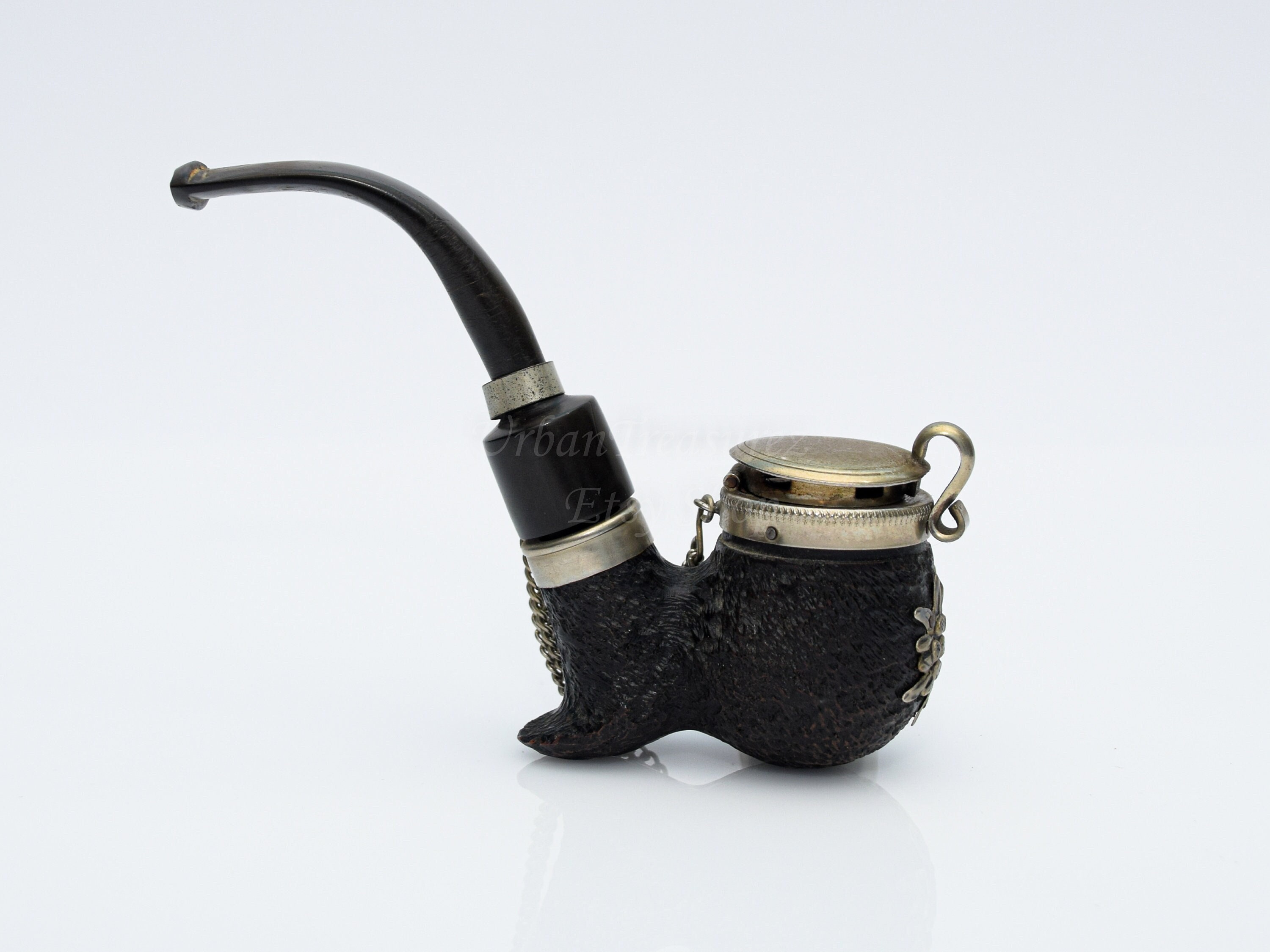 Swiss Smoking Briar Pipe • Estate Tobacco Pipe • Hinged Lid Chain Black Smoking  Pipe • BBK Silver Lidded Bowl Pipe • BRU - BRU Tyrolian Pipe