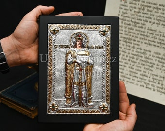 Roemeens-Orthodoxe icoon Stefan Cel Mare Icoana Ortodoxa din Argint • Christelijk geloof cadeau voor familie of ambtenaren • Sterling zilver en goud