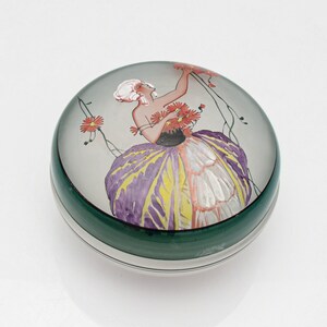 Antique French Art Glass Box, Art Deco Collectible Glass Enamel · Dresser Box Girl Picking Flower Bouquet Painting · French Women in Dress