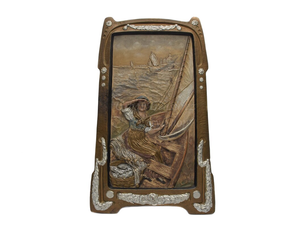 Art Nouveau Wall Plaque Ceramic Panel Johann Maresch C.1910 Young Girl