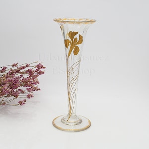 Art Nouveau Baccarat Crystal Glass Cornet Vase, Gold Enamel Vase Flower & Dragonfly 1900s Glass Vase, French Art Antique Vase