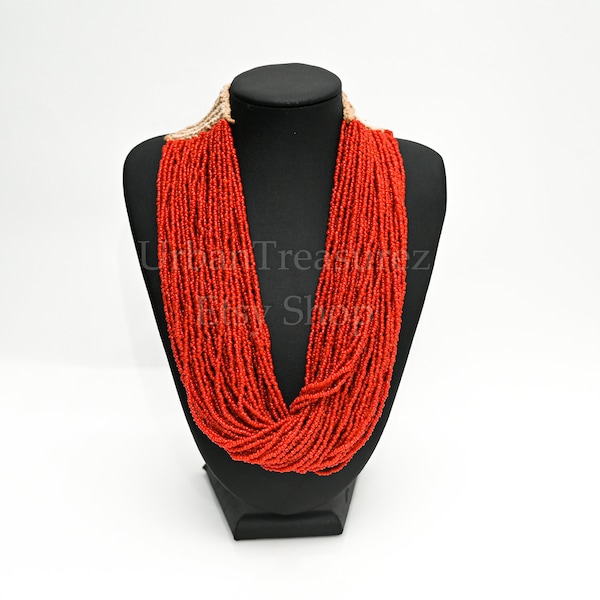 Konya Naga Necklace - Tribal Statement Red Coral Colored Necklace - True Vintage Multi Strand Beads Thick Rope Design - Torsade Style