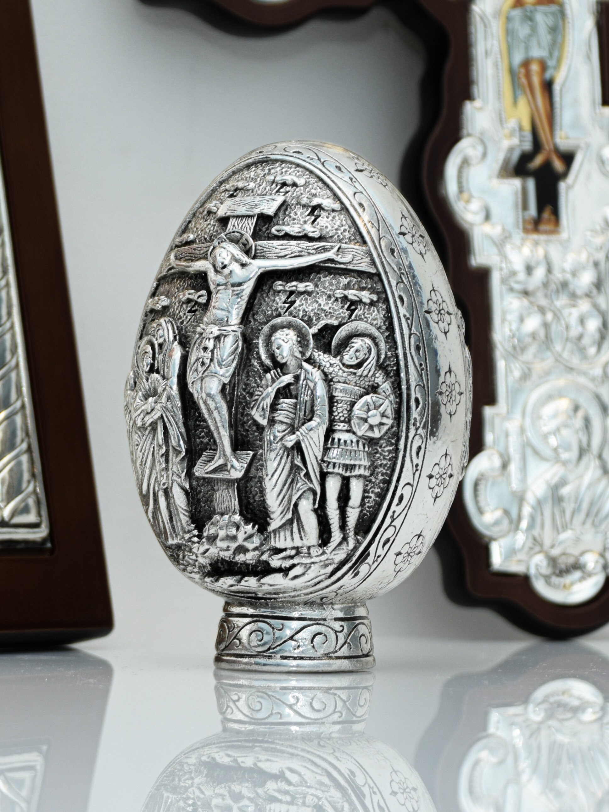 Orthodox Russian Christian Faberge Style Egg Silver Icon Home Altar Orthodox Russian Christian Faberge Style Egg Silver Icon Home Altar