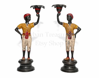 Blackamoor Candlesticks Pair • Lot of Two Sculptural Boys Candle Holders • Nubian Servants - Antique Bronze & Cold Enamel Painted Decorative