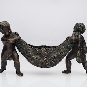Cherub Centerpiece Antique Basket • Solid Bronze Table Statue Fisherman - Two Boys Holding Fishing Net • Ornamental Cachepot Table Decor
