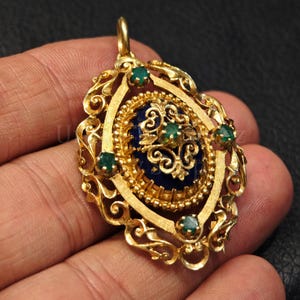 Estate Jewelry 18k Gold Pendant / Brooch, 14 grams Victorian Jewelry with Enamel & Emerald, Antique 18k Gold Pendant, Greek Goldsmith Made