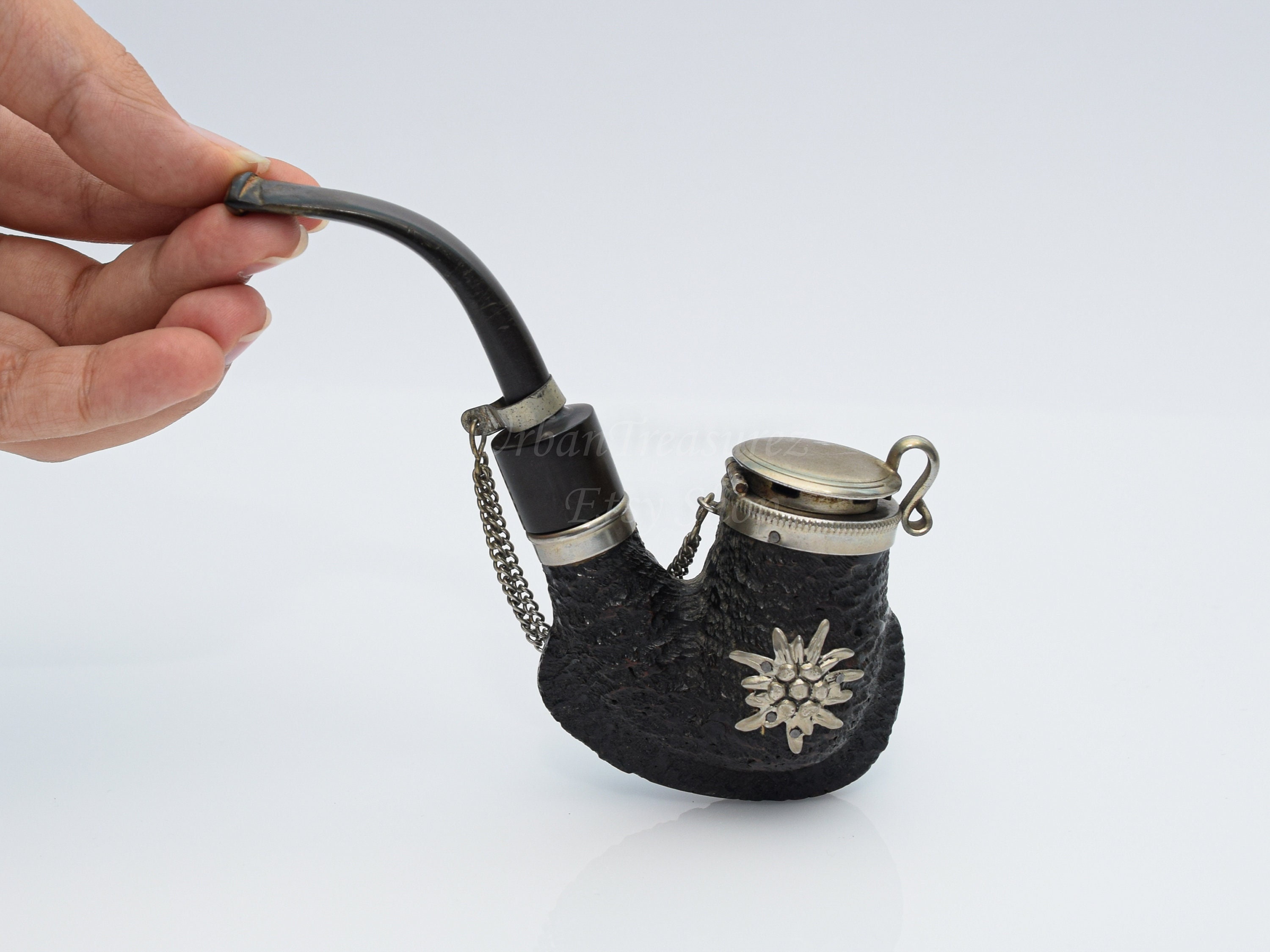 Tyrolian Smoking Pipe • Estate Tobacco Pipe • Hinged Lid Chain Black Smoking  Pipe • BBK Silver Lidded Bowl Pipe • BRU - BRU Pipe