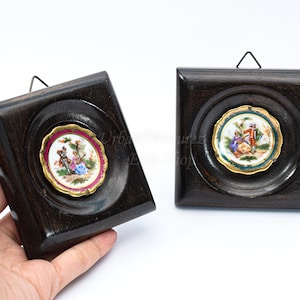 Limoges Porcelain, 3&quot; Miniature Plates in Wooden Wall Art Frame, Antique French Chateau Chic, Cottage Home Decor, Grandmother Vintage Gift