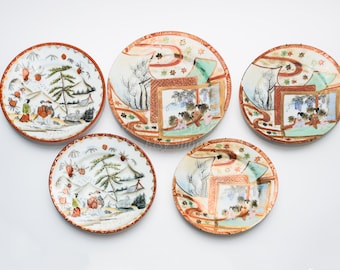 Kutani Plates Set, Antique Japan Decor • Porcelain Plate Wall Hang • Hand Painted Asian Wall Art Floral Round Panel Matching Set of 5 Plates