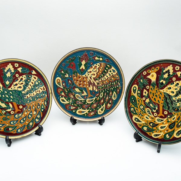 Peacock Solid Bronze Wall Art Dish Set, Vintage Byzantine Enamel Plates, Cloisonne Set of Three Mosaic Plaques, Patio Wall Hang Decor Gift