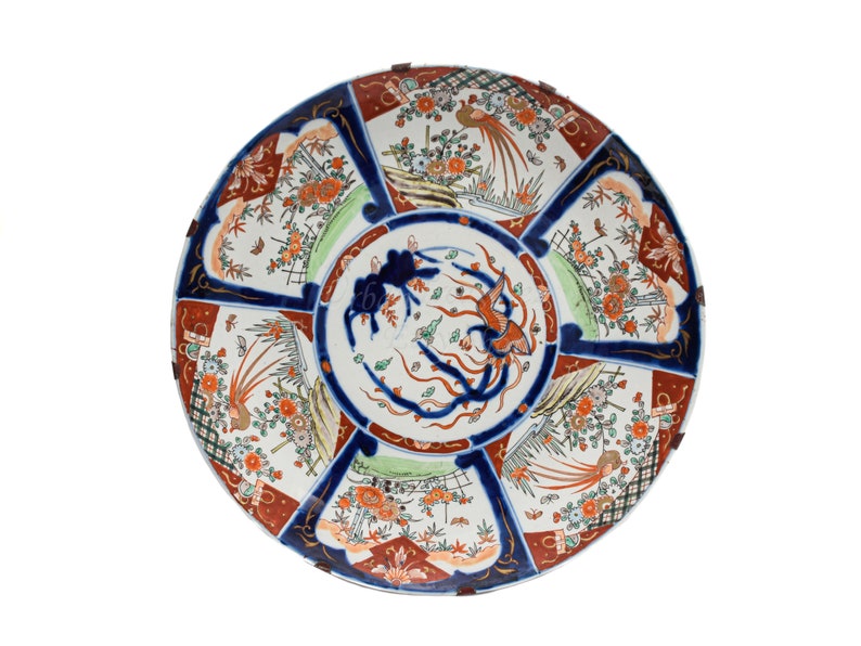 18" Asian Wall Decor Porcelain Plate • IMARI Early 20th C. Oriental Art Interior Design • Hand Painted Ceramic from Japan Antique Charger image 2