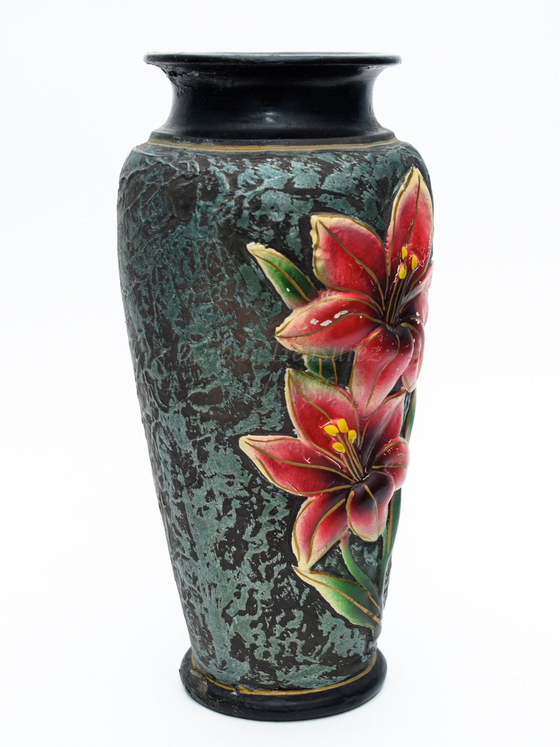 Antique Greek Black Vase Flower Oil Painted Kourtzis Agiasos Etsy