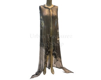 Assuit Shawl Art Deco Silver Hammered Mesh, Hand Knit 1920s Black & Silver Piano Shawl ⊳ Geometric Motif ⊲ Egyptian Revival Dress Accessory